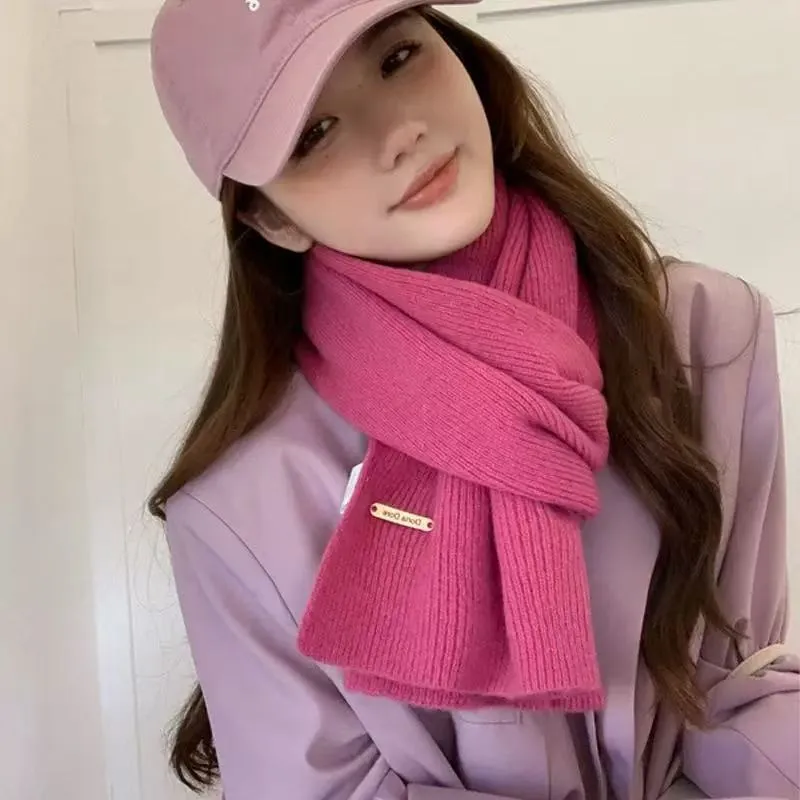 Women's Winter Wool Knitted Solid Color Small Scarf, Trendy Korean ...