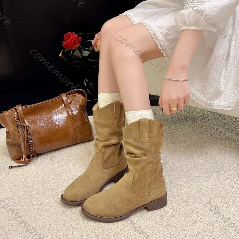 Suède Western laarzen met dikke hakken tot halverwege de kuit voor dames, lente/herfst, effen retrostijl 251020_voghion.com