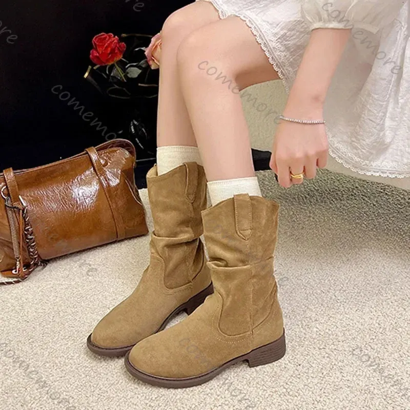 Suède Western laarzen met dikke hakken tot halverwege de kuit voor dames, lente/herfst, effen retrostijl 251020_voghion.com
