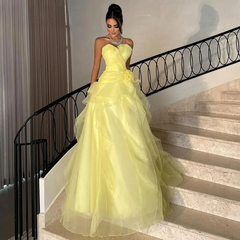 yellow princess dress prom Princess Straps V-Neck Yellow Applique A-Line Ruffled Prom Dress FancyVestido