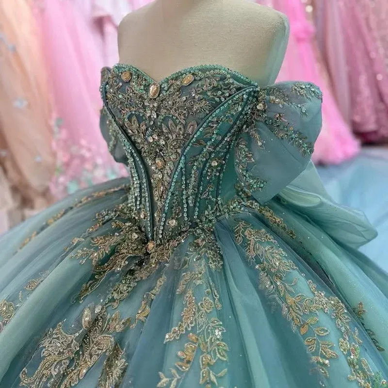 Mint Green Quinceanera Dresses - Off-Shoulder Applique Lace Beading Crystal  Tulle Bow Sweet 16 Vestidos de 15 Anos