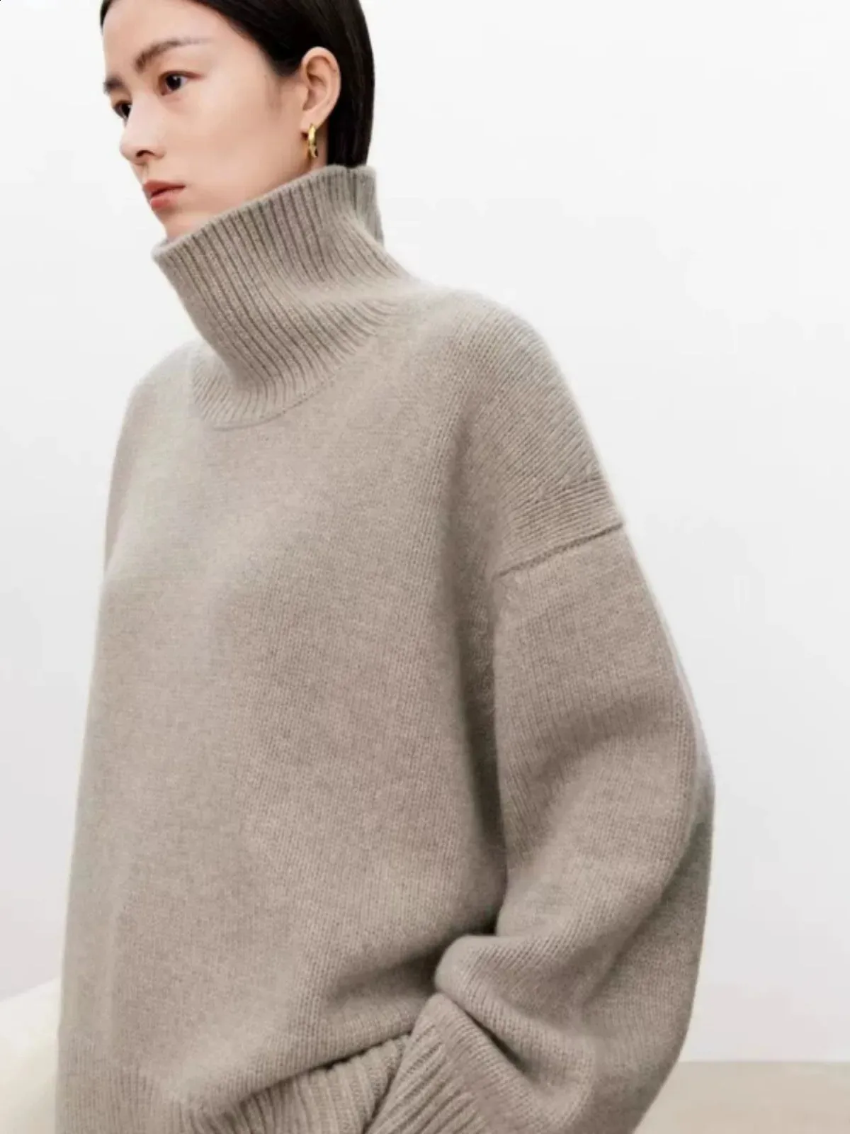Women's 100% Cashmere Sweater – Soft High Neck Loose Knit Pullover For Winter - View #8