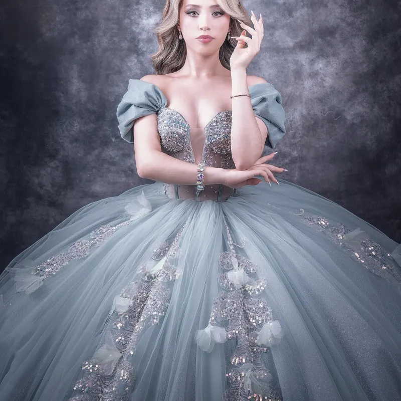 Aqua Blue Quinceanera Dresses Ball Gown Off Shoulder Applique Flower Beading Crystal Corset Tulle Sweet 16 Party Dress Vestidos 15 De Anos
