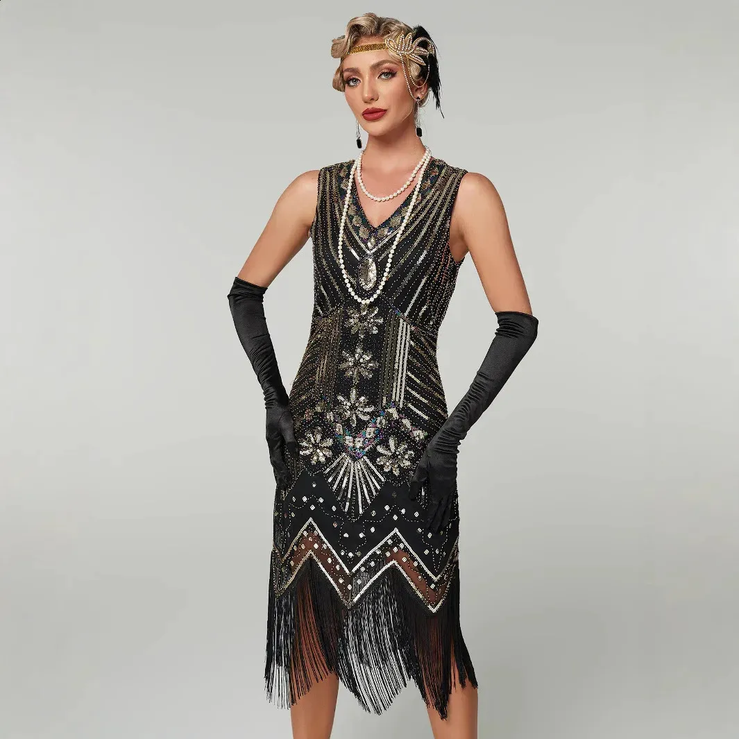 Vintage Great Gatsby green Sequin dress for Women - 1920s Sequin V-Neck Tassels Bodycon Beaded Evening Gown for Christmas Party (250930)