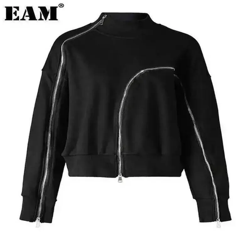 EAM Black Zipper Denim Casual Sweatshirt Turtleneck Long Sleeve