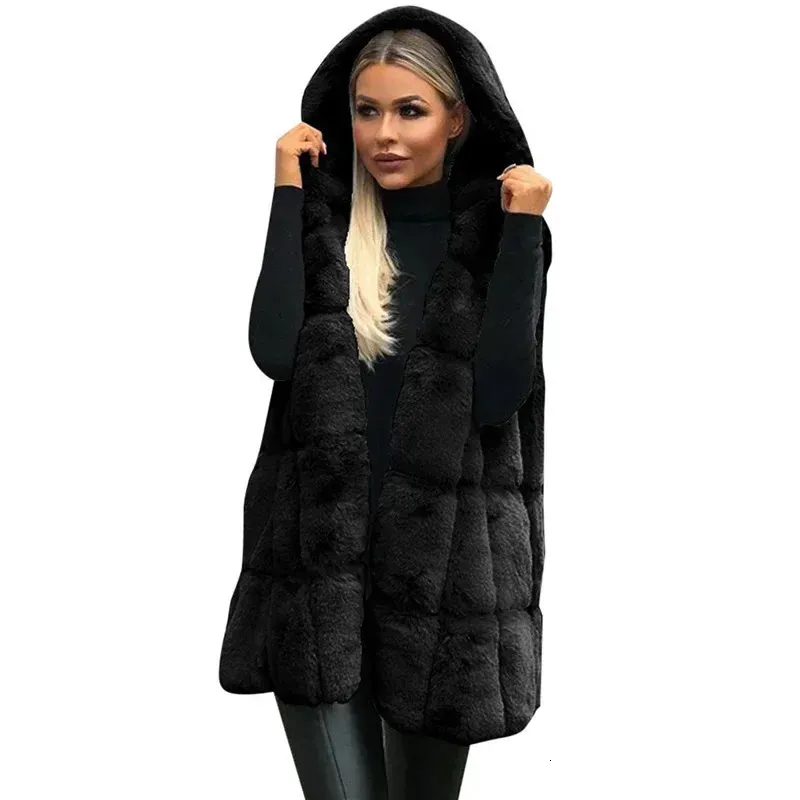 Autunno E Inverno Donna Con Cappuccio Gilet In Pelliccia Sintetica