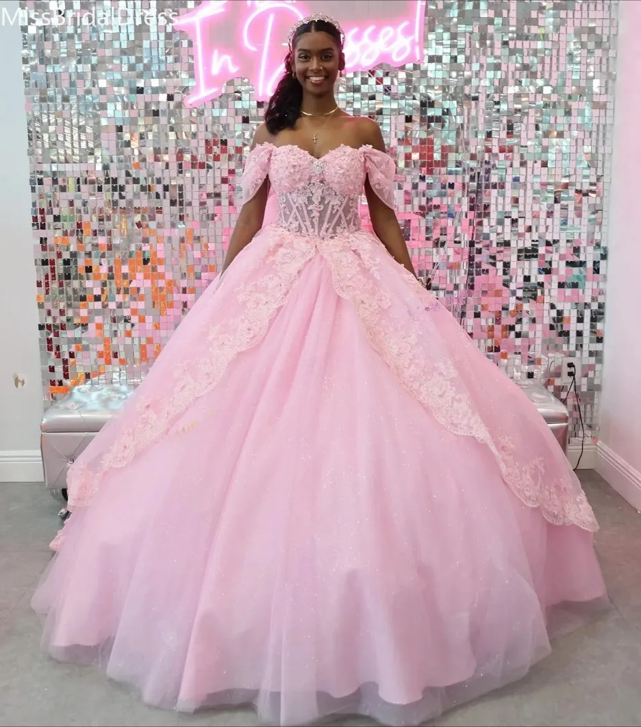 Vestido De Quinceañera Rosa Brillante Corsé Transparente Quince