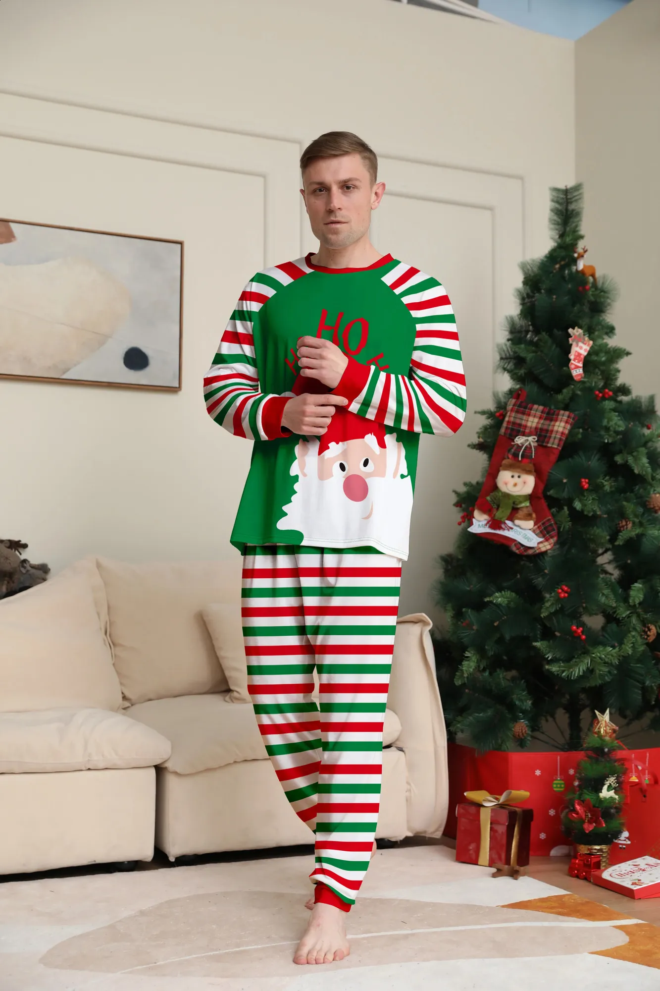Mens Christmas Pajamas Set With Santa Claus Striped Print Festive
