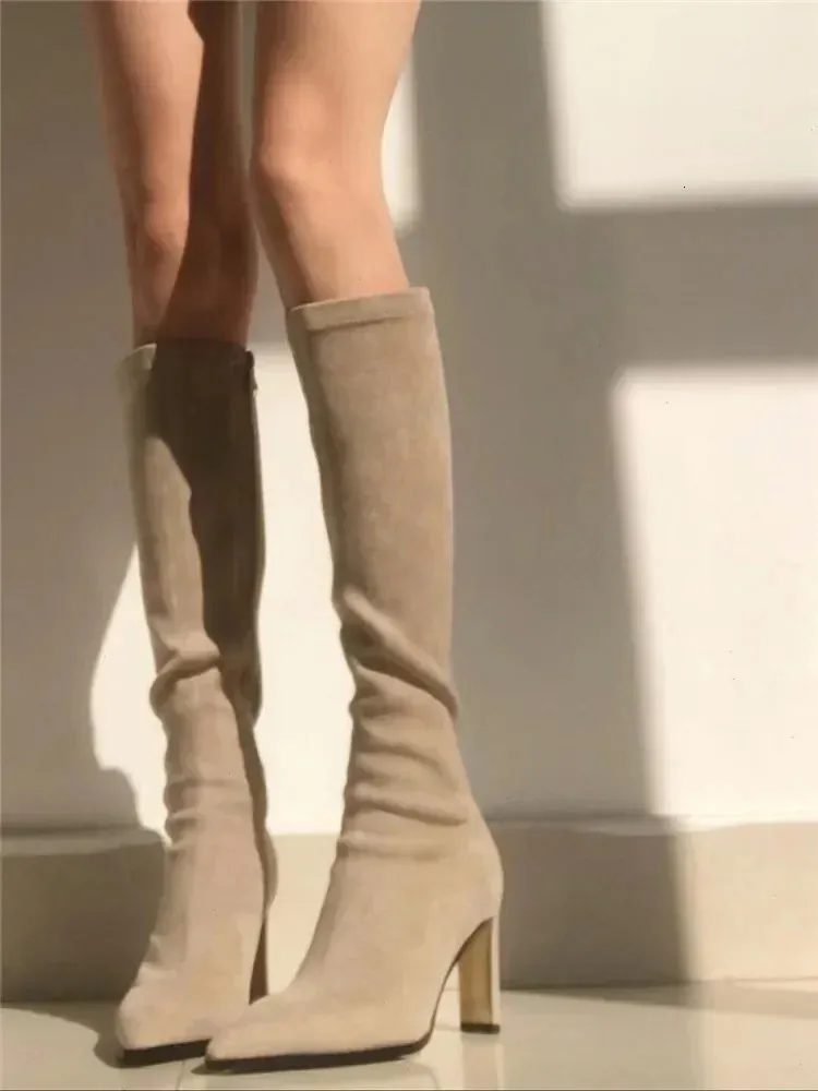 Womens Over Knee Boots Pointed Toe Thick Heel Elastic Slim Boots_voghion.com
