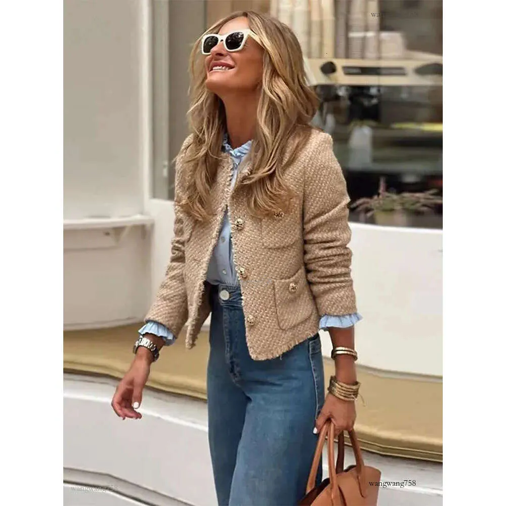 Elegant Camel Tweed Jacket: Womens O Neck Frayed Cropped Coat