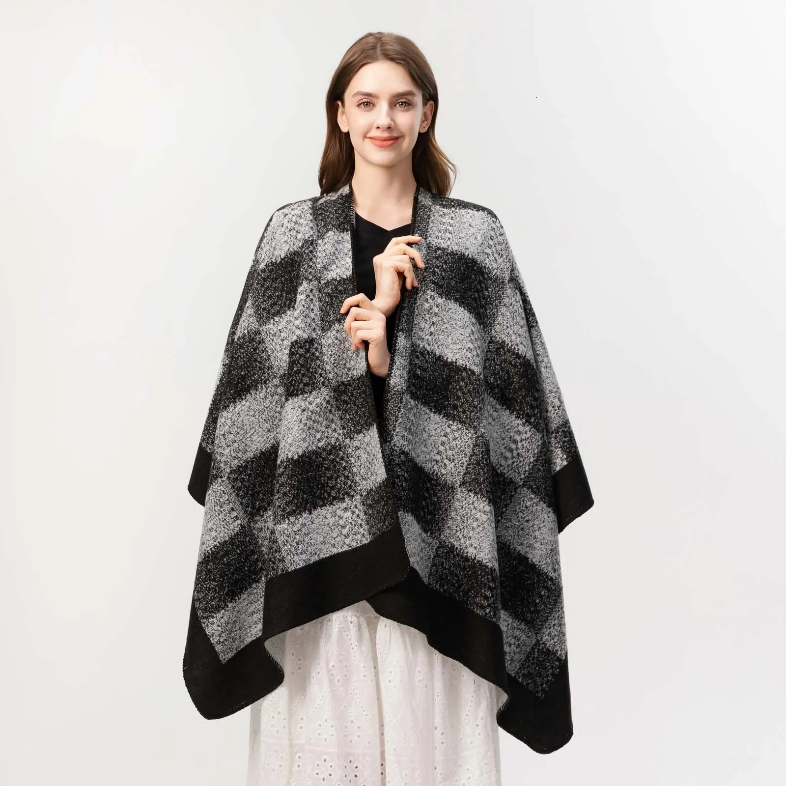 Women's Classic Plaid Jacquard Split Warm Cape Shawl for Autumn Winter ...