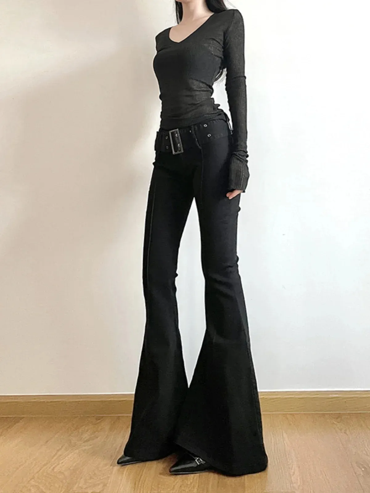 Womens Black Flare Pants Y2k Retro Emo 2000s... From Jiao02 