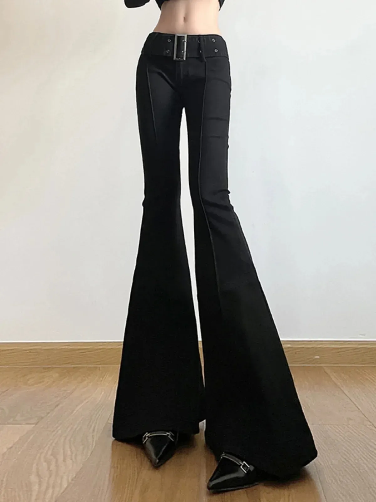 Womens Black Flare Pants Y2k Retro Emo 2000s From Jiao02