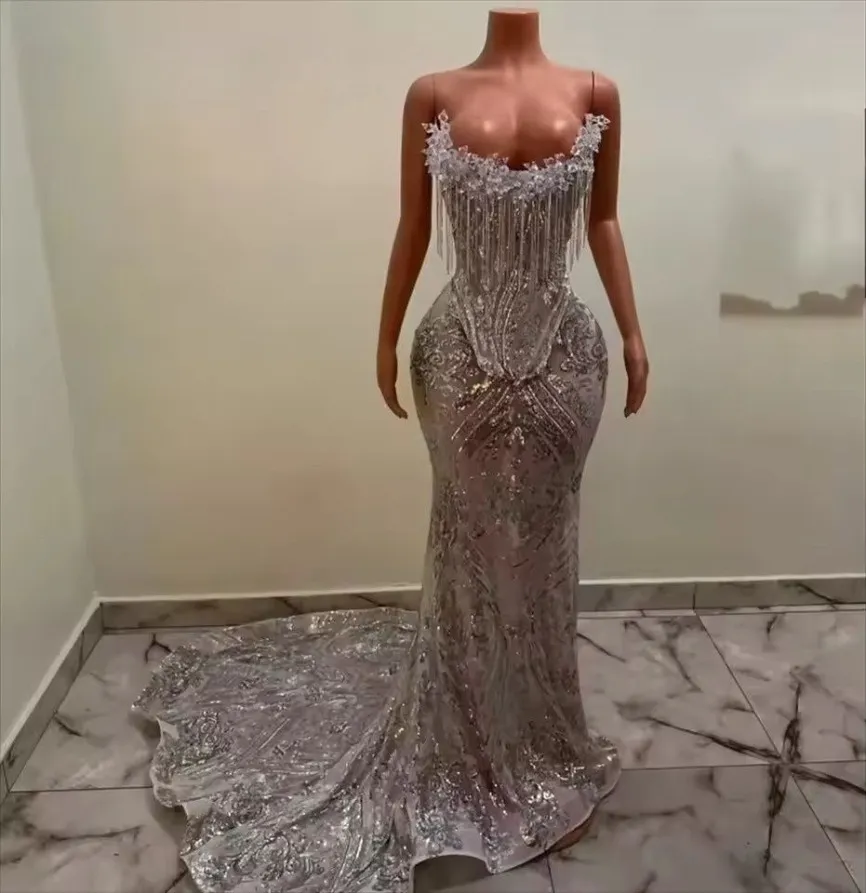 elegant silver lace dress Chic Mermaid Off-the-shoulder Silver Beaded Long Prom Dresses Elegant –  SELINADRESS main image 1