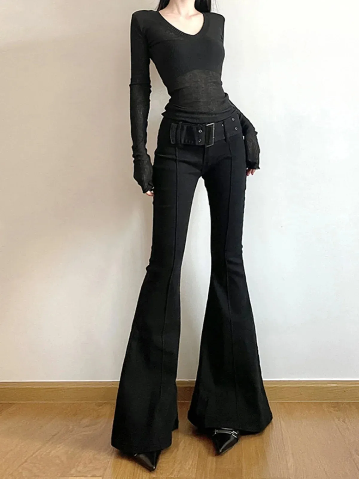 パンツ Rare Black Coating Flare Pants y2k 00s Womens Black Flare Pants Y2k Retro Emo 2000s From Jiao02