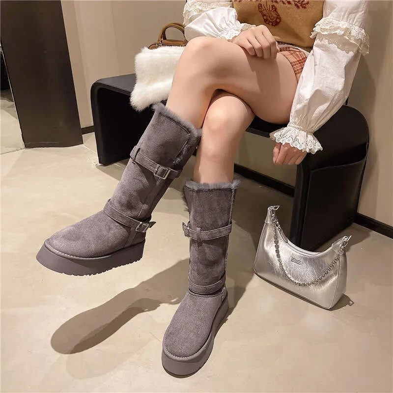Gray Snow For Women Winter New Style Petite Thick Sole Height Increasing Full Fur Fluffy Furry Fleece Lined Waterproof_voghion.com