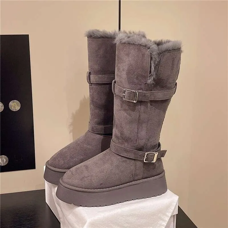 Gray Snow For Women Winter New Style Petite Thick Sole Height Increasing Full Fur Fluffy Furry Fleece Lined Waterproof_voghion.com
