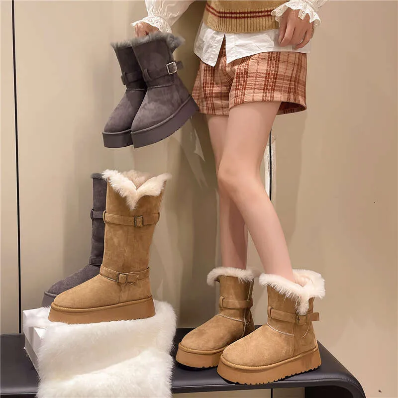 Gray Snow For Women Winter New Style Petite Thick Sole Height Increasing Full Fur Fluffy Furry Fleece Lined Waterproof_voghion.com