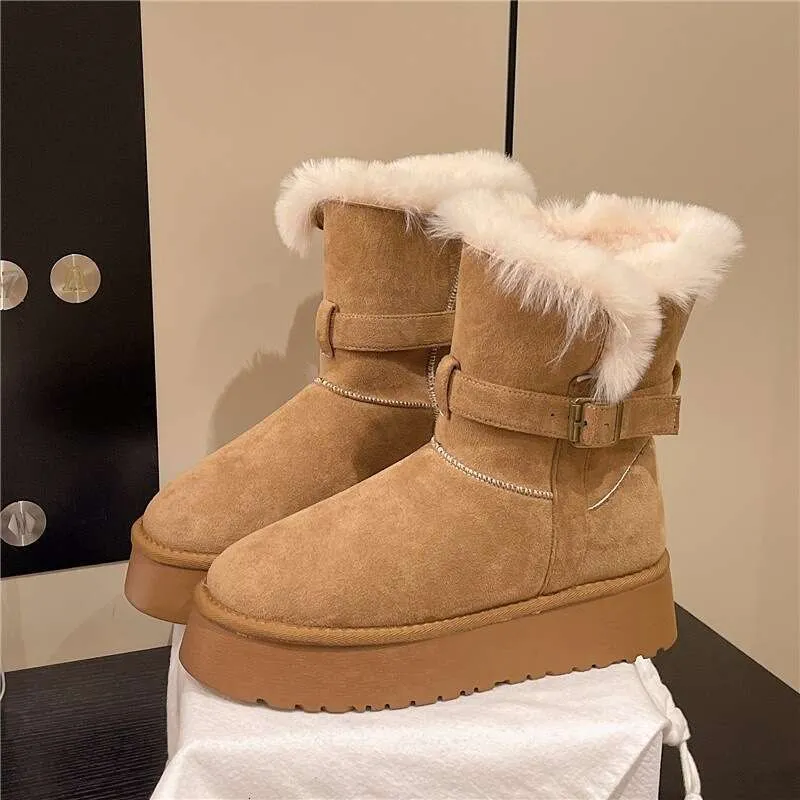 Gray Snow For Women Winter New Style Petite Thick Sole Height Increasing Full Fur Fluffy Furry Fleece Lined Waterproof_voghion.com