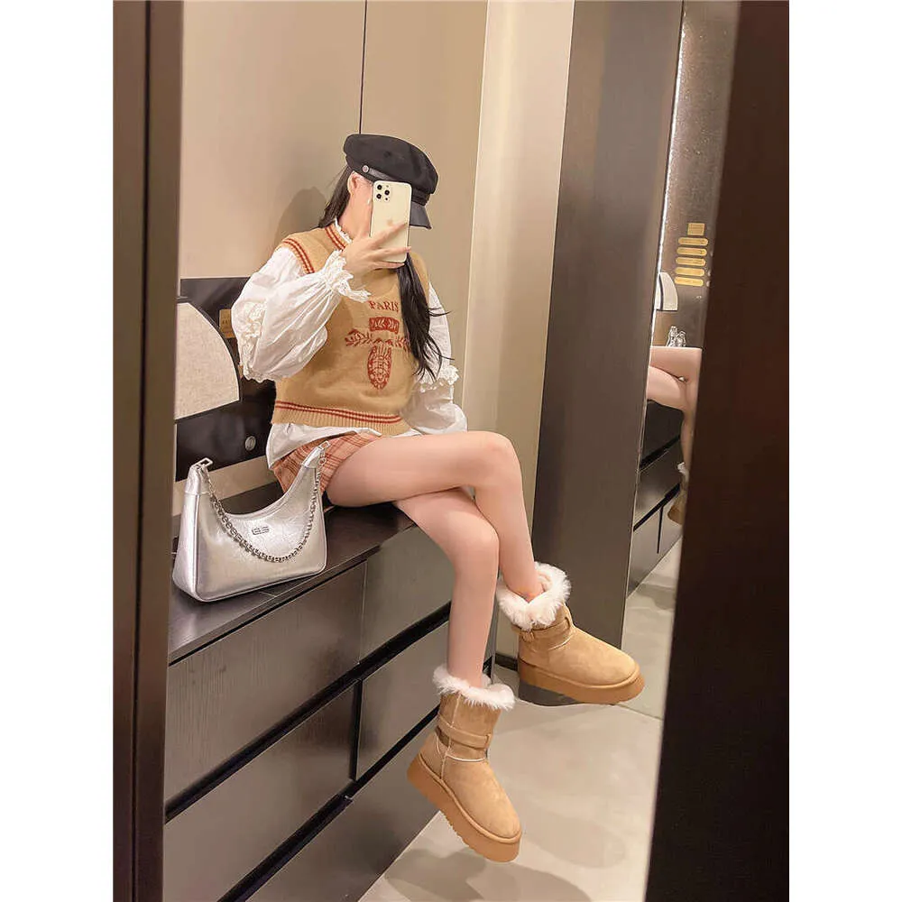 Gray Snow For Women Winter New Style Petite Thick Sole Height Increasing Full Fur Fluffy Furry Fleece Lined Waterproof_voghion.com