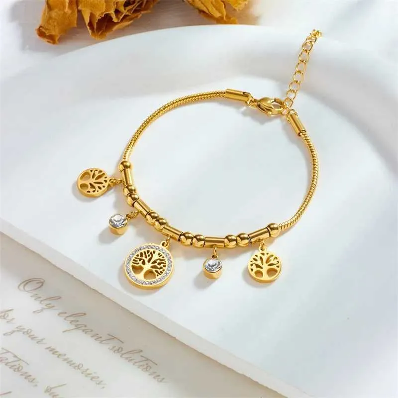 316L Stainless Steel Gold Color Tree of Life Bracelet with Zircon ...