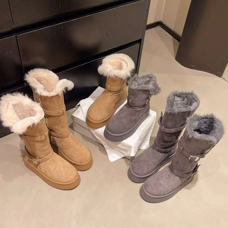 Gray Snow For Women Winter New Style Petite Thick Sole Height Increasing Full Fur Fluffy Furry Fleece Lined Waterproof_voghion.com