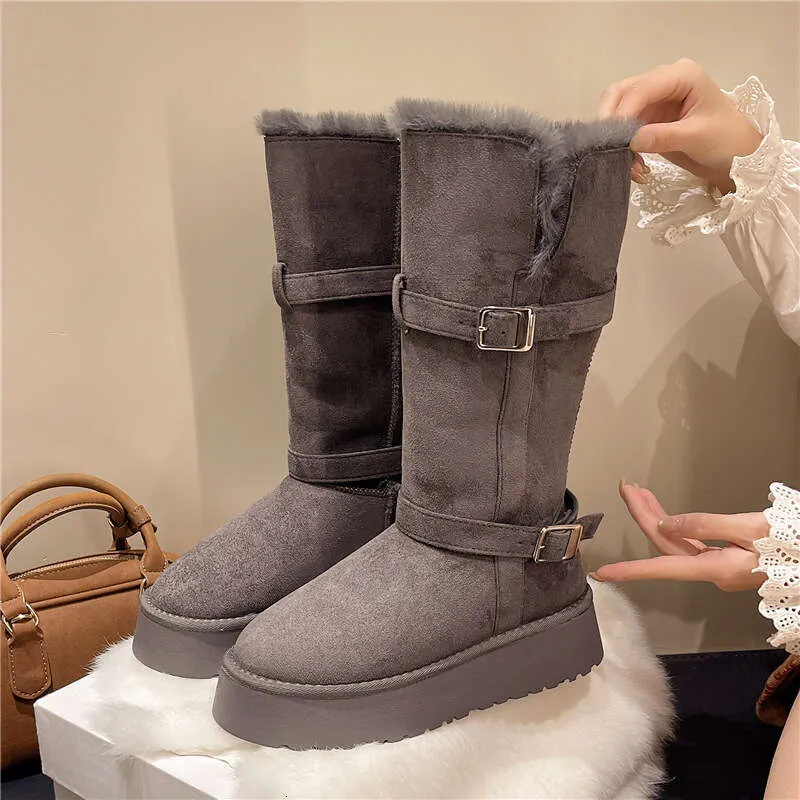 Gray Snow For Women Winter New Style Petite Thick Sole Height Increasing Full Fur Fluffy Furry Fleece Lined Waterproof_voghion.com