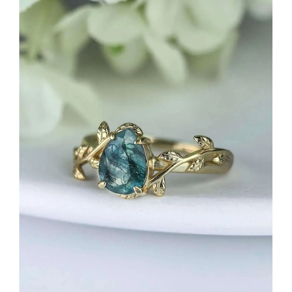 Natürlicher Moosachat Opal Silberring Im Blattdesign Für Damen_voghion.com