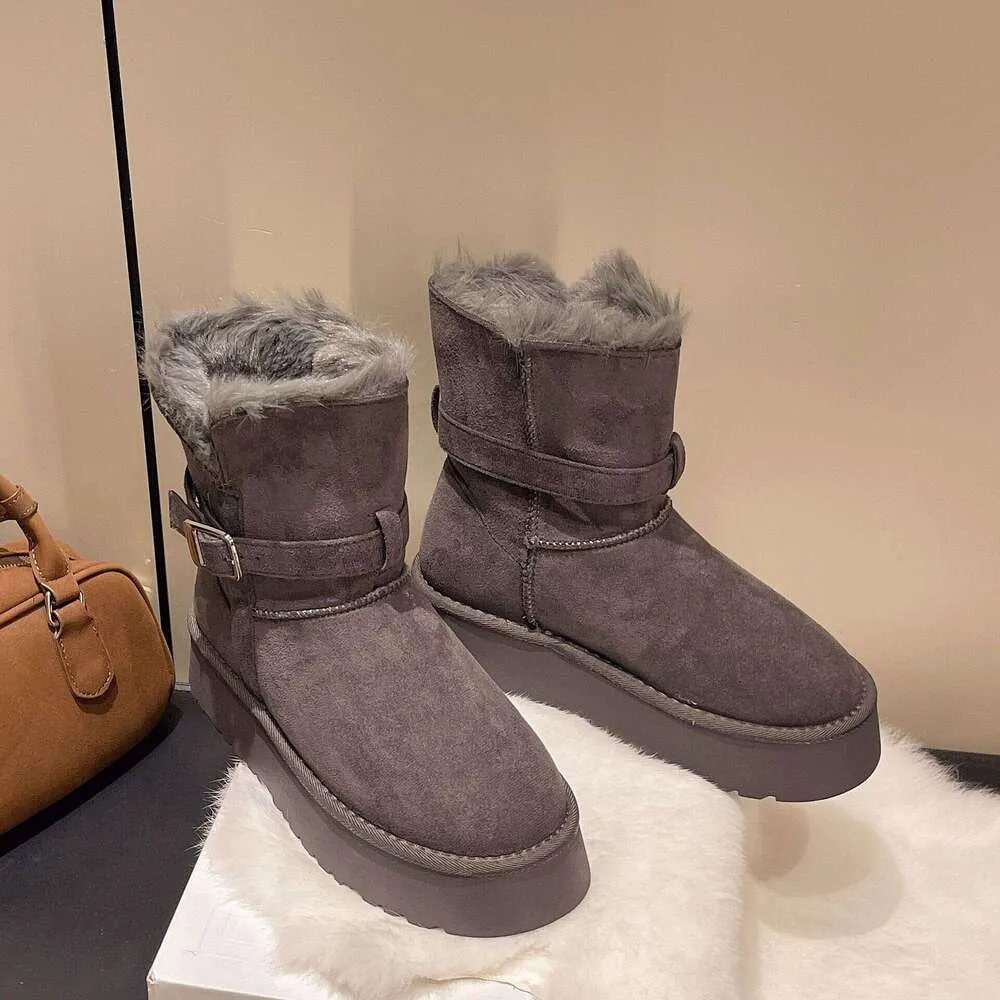 Gray Snow For Women Winter New Style Petite Thick Sole Height Increasing Full Fur Fluffy Furry Fleece Lined Waterproof_voghion.com
