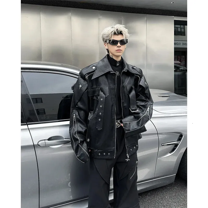 Mens Eyelets Leather Bomber Jacket Black Punk Buckle... From 
