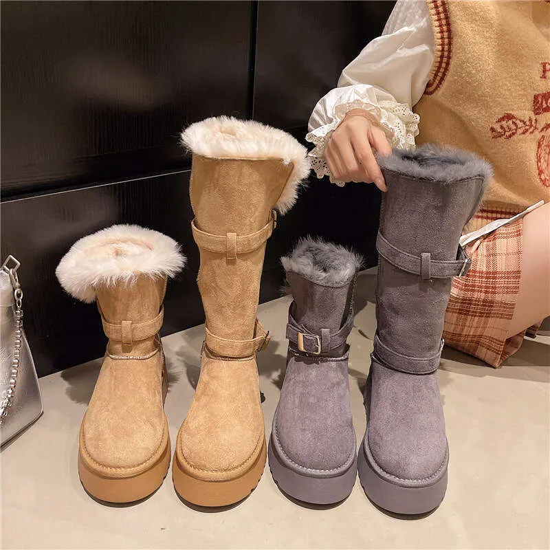 Gray Snow For Women Winter New Style Petite Thick Sole Height Increasing Full Fur Fluffy Furry Fleece Lined Waterproof_voghion.com