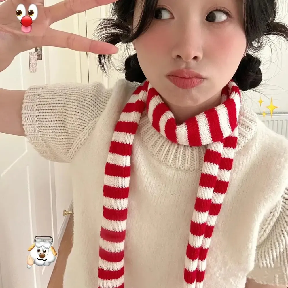 Gestreifter gestrickter Schal für Damen, dünn und schmal, lang, koreanischer Harajuku-Baumwolle, warme Schals, Y2K-Mädchen, dekoratives Halstuch