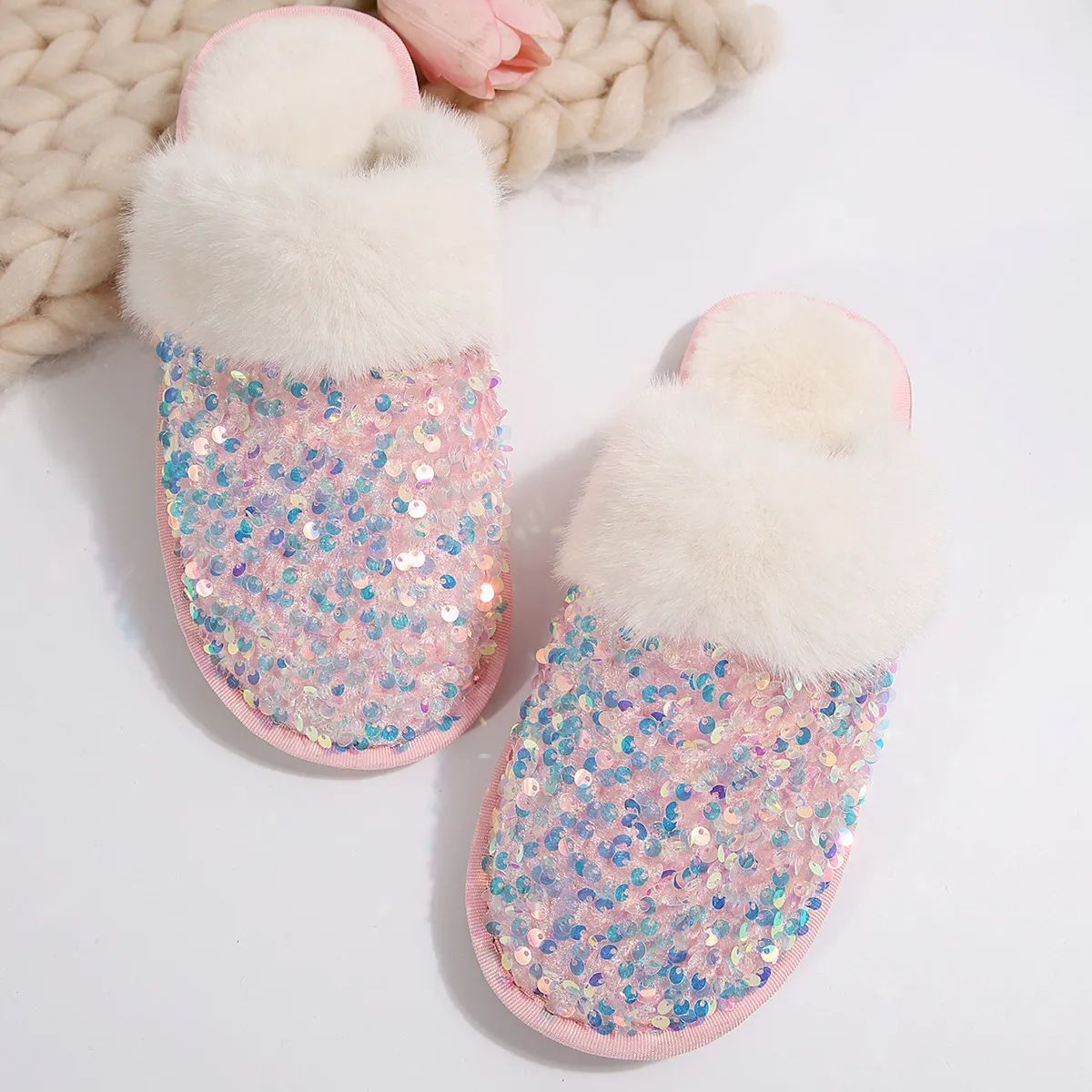 Free Shipping New Design Warm Comfortable Home Couples Cotton Slippers Sequins Fashion Plush Slipper Black Pink_voghion.com