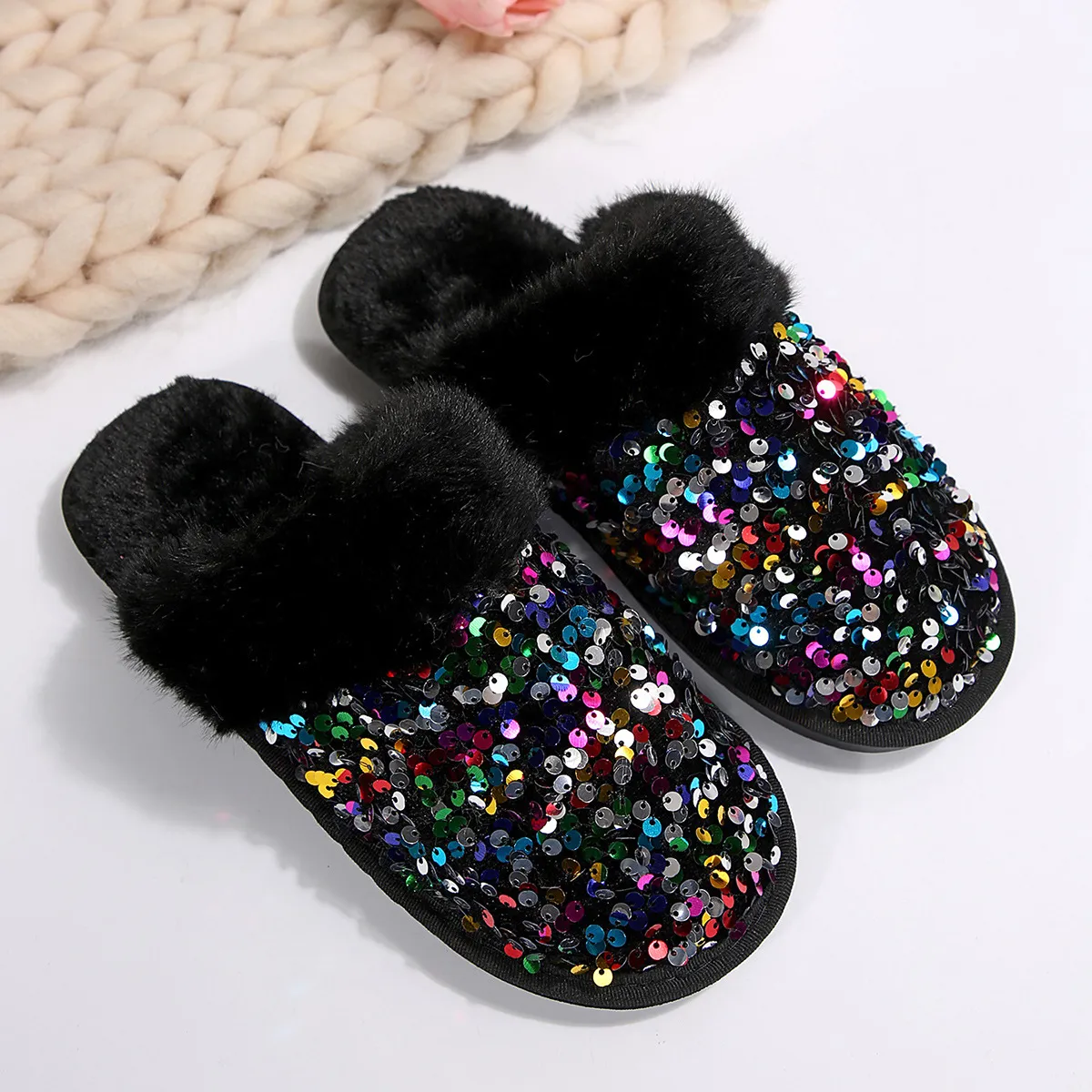 Free Shipping New Design Warm Comfortable Home Couples Cotton Slippers Sequins Fashion Plush Slipper Black Pink_voghion.com