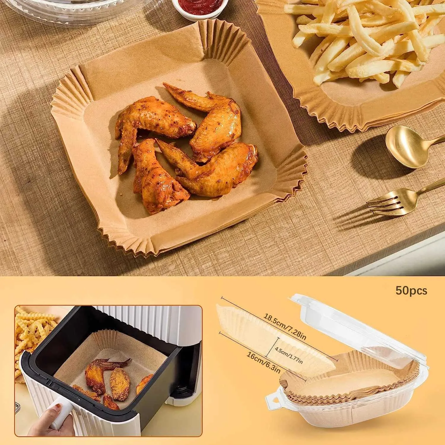 Fodere Per Friggitrice Ad Aria Monouso – 50 Pezzi Bianche, Diametro 20 Cm, Altezza 4,5 Cm. Carta Pergamena Per Alimenti, Resistente A Olio E Alte Temperature (220°C). Mantengono La Friggitrice Pulita, Niente Più Pulizie Faticose! Adatte Anche A Microonde E Forno. - 2