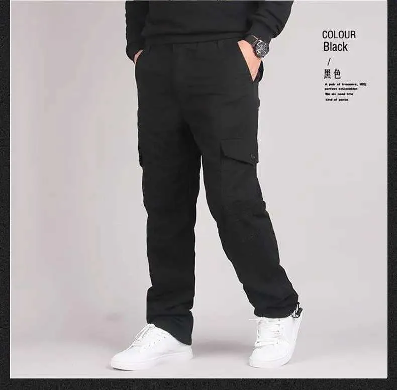 Autumn Winter Men's Cargo Pants Fleece Warm Cotton Trousers Insulated ...
