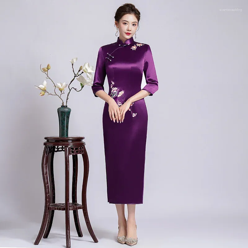 fitted lace wedding dress Dolly Purple Chinese Style Hater Neck Button Sequin Long Wedding Guest Dress-Mama M / Purple