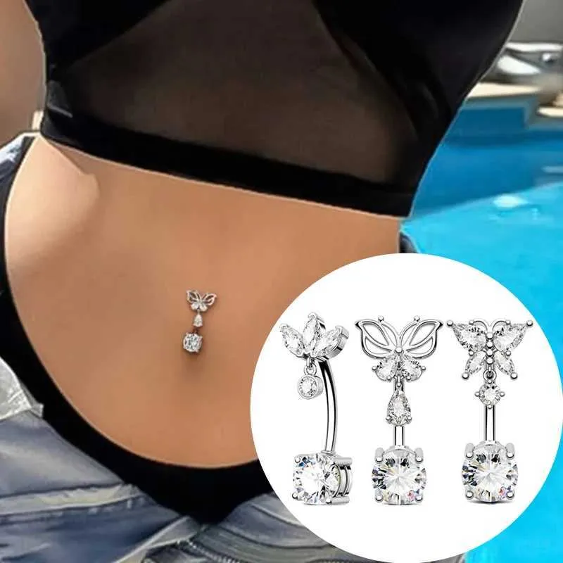 3 Piercings Nombril Acier Chirurgical - Styles Diamant, Papillon, Cœur, Pour Femme, 4 Cm - 2