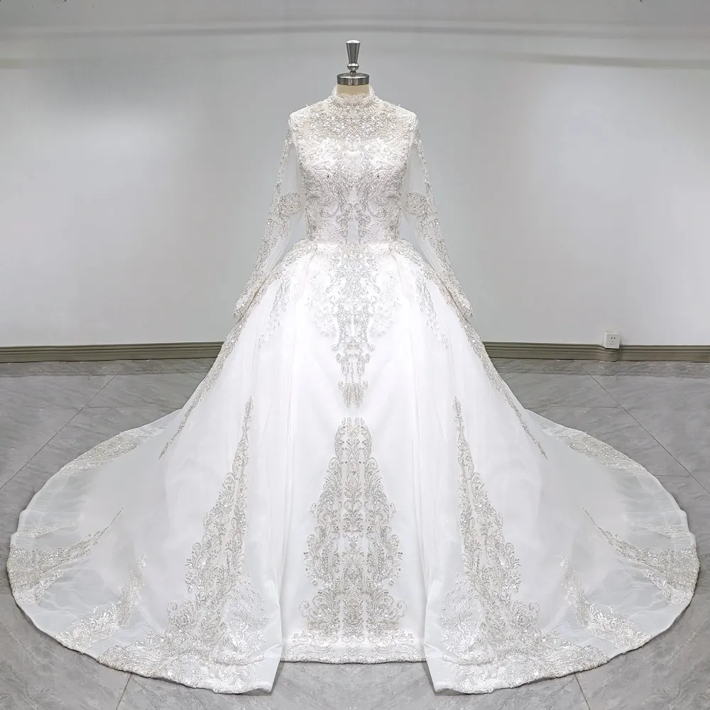 Luxury Long Sleeve Sequined Ball Gown Wedding Dress with Lace and 3D ...