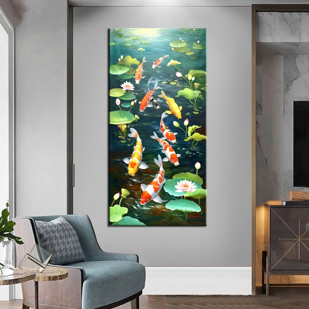 Feng Shui Koi Fish Wall Art: Hand-Painted Oil Painting on Canvas ...