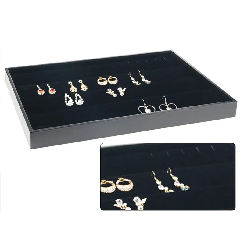 Black Velvet Jewelry Organizer Tray Wood Ring Bracelet Necklace Pendant ...