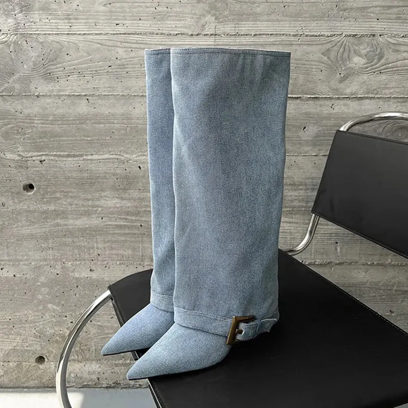 Denimblaue Damen-Pumps mit hohem Absatz, spitz zulaufend, ideal für Partys, Winterkleider und lange Stiefel, sexy Pumps, Mujer Snow Botas 251027_voghion.com