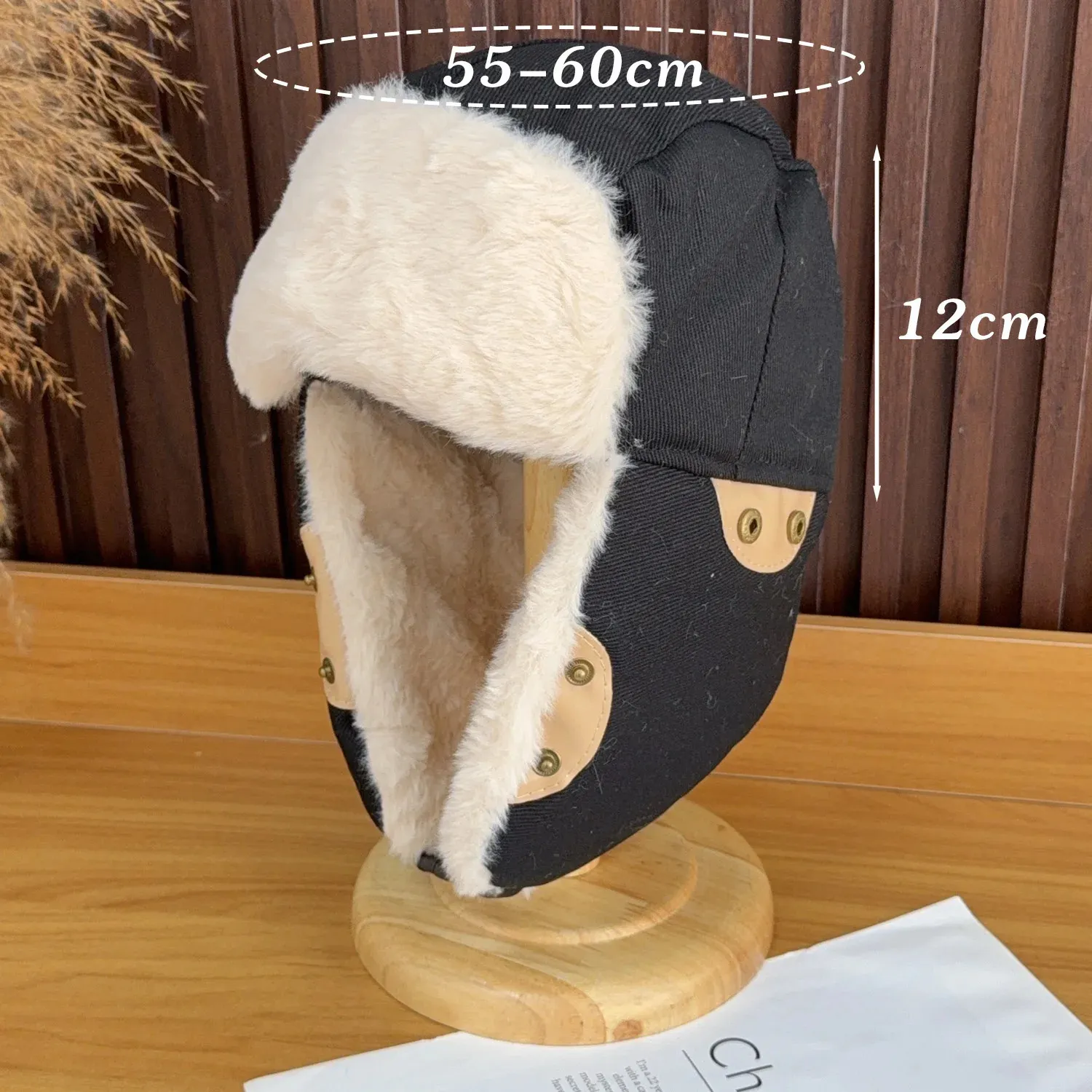Chapka Noir Taille 55-60cm Chapka Hiver Homme Coton épais - Chapeau Trappeur /aviateur - Taille 55-60 Cm Russe Militaire