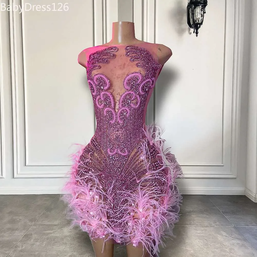 Stunning Sparkly Dia Women Birthday Party Tail Gowns Sexy Sheer Pink Feather Mini Short Prom Dresses Classic 1115