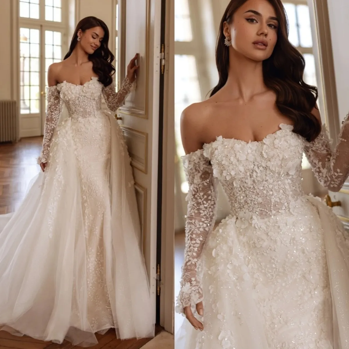 90% OFF Buyers' Picks Off‑Shoulder 3D Floral Mermaid Bridal Gown – Plus Size, Detachable Train
