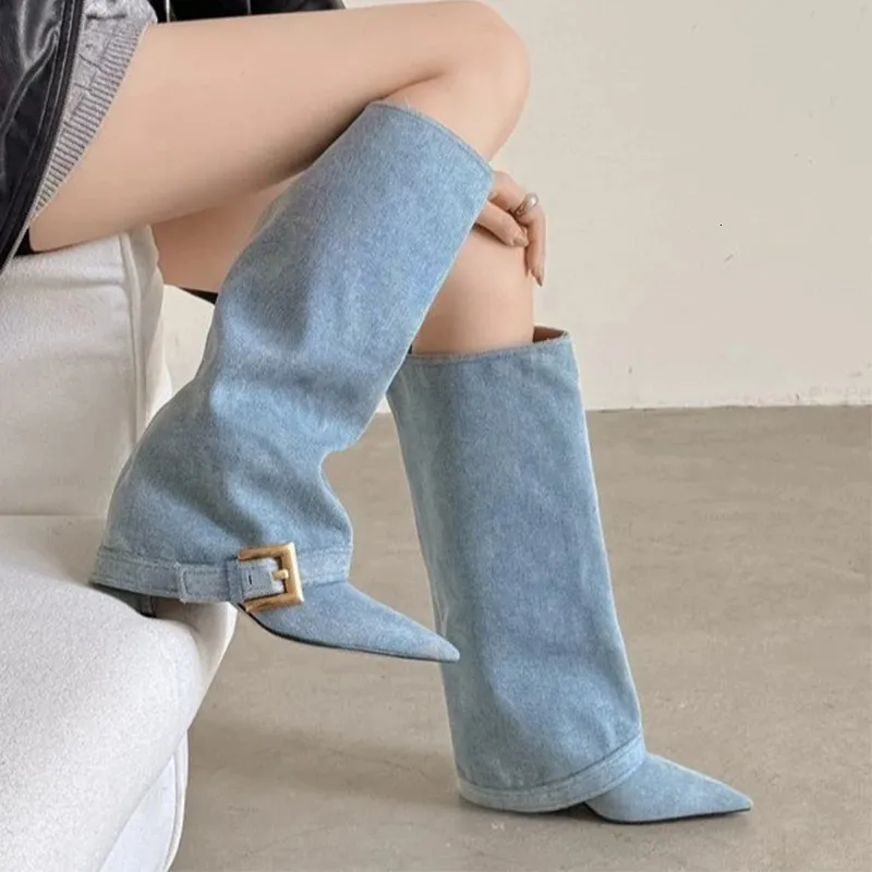 Denimblaue Damen-Pumps mit hohem Absatz, spitz zulaufend, ideal für Partys, Winterkleider und lange Stiefel, sexy Pumps, Mujer Snow Botas 251027_voghion.com