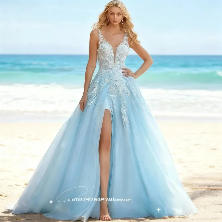 2026 Light Sky Blue Boho Wedding Dresses Front Slit... From Chicweddings, Rs.12,400.78