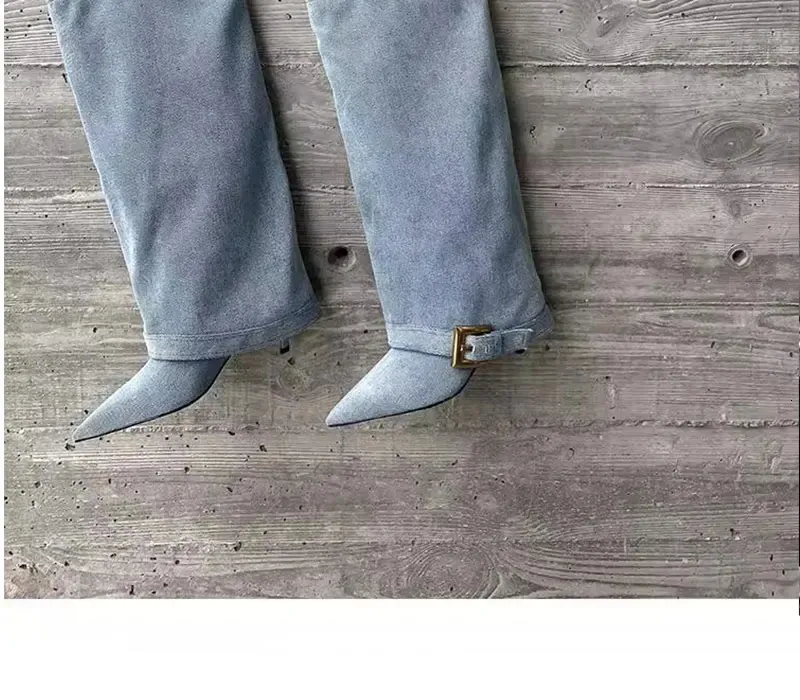 Damen Stiefel Aus Blauem Denim Mit Spitzem Absatz Für Partys_voghion.com