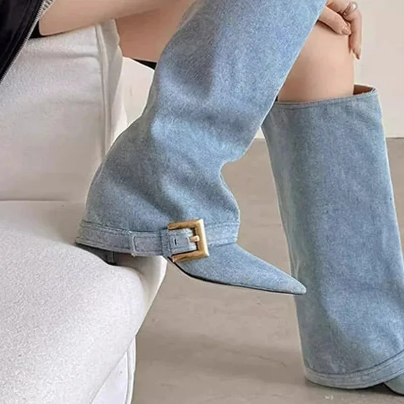 Denimblaue Damen-Pumps mit hohem Absatz, spitz zulaufend, ideal für Partys, Winterkleider und lange Stiefel, sexy Pumps, Mujer Snow Botas 251027_voghion.com