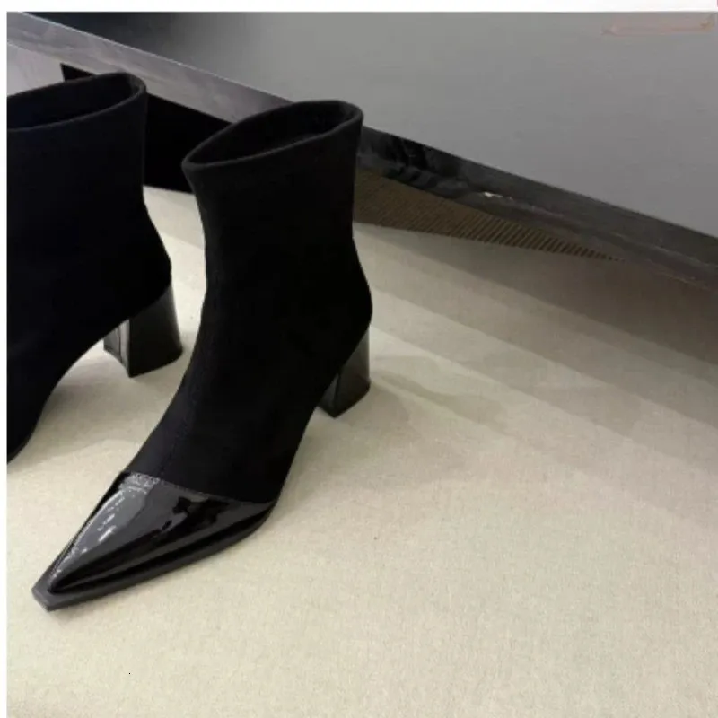 Autumn And Winter Light French Niche Pointed Toe Thick Heel Slimming Elastic Womens Highheeled Boots 251027_voghion.com